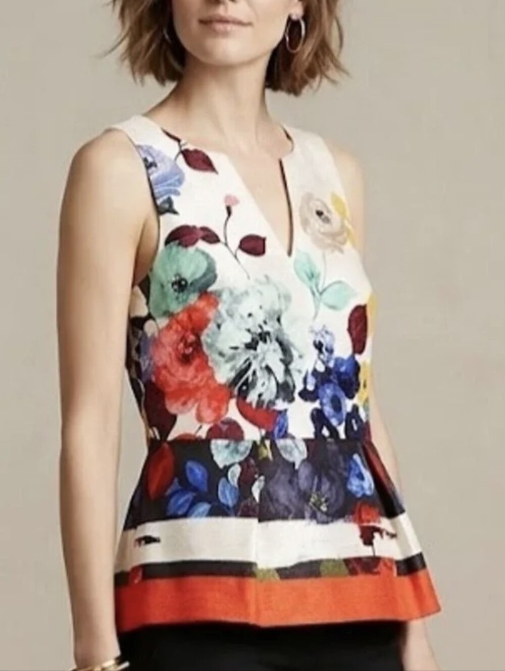 EUC HD In Paris Anthropologie Abstract Floral Full Zip Peplum Sleeveless Top